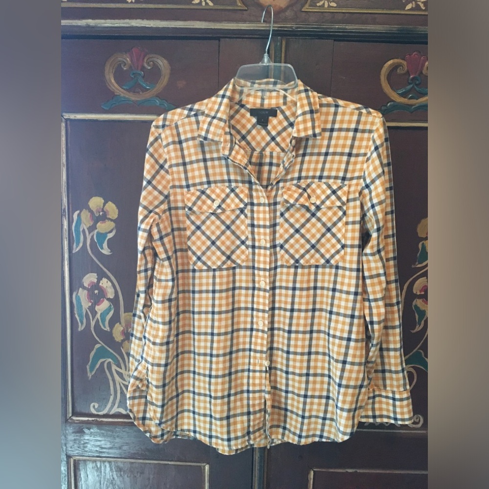 J CREW BLACK YELLOW AND WHITE PLAID SHIRT